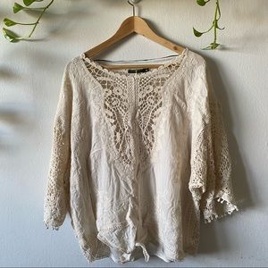 SPIAGGIA DOLCE Sz XL Ivory Crochet Lace Sleeves Front Tie Oversized Sheer Blouse